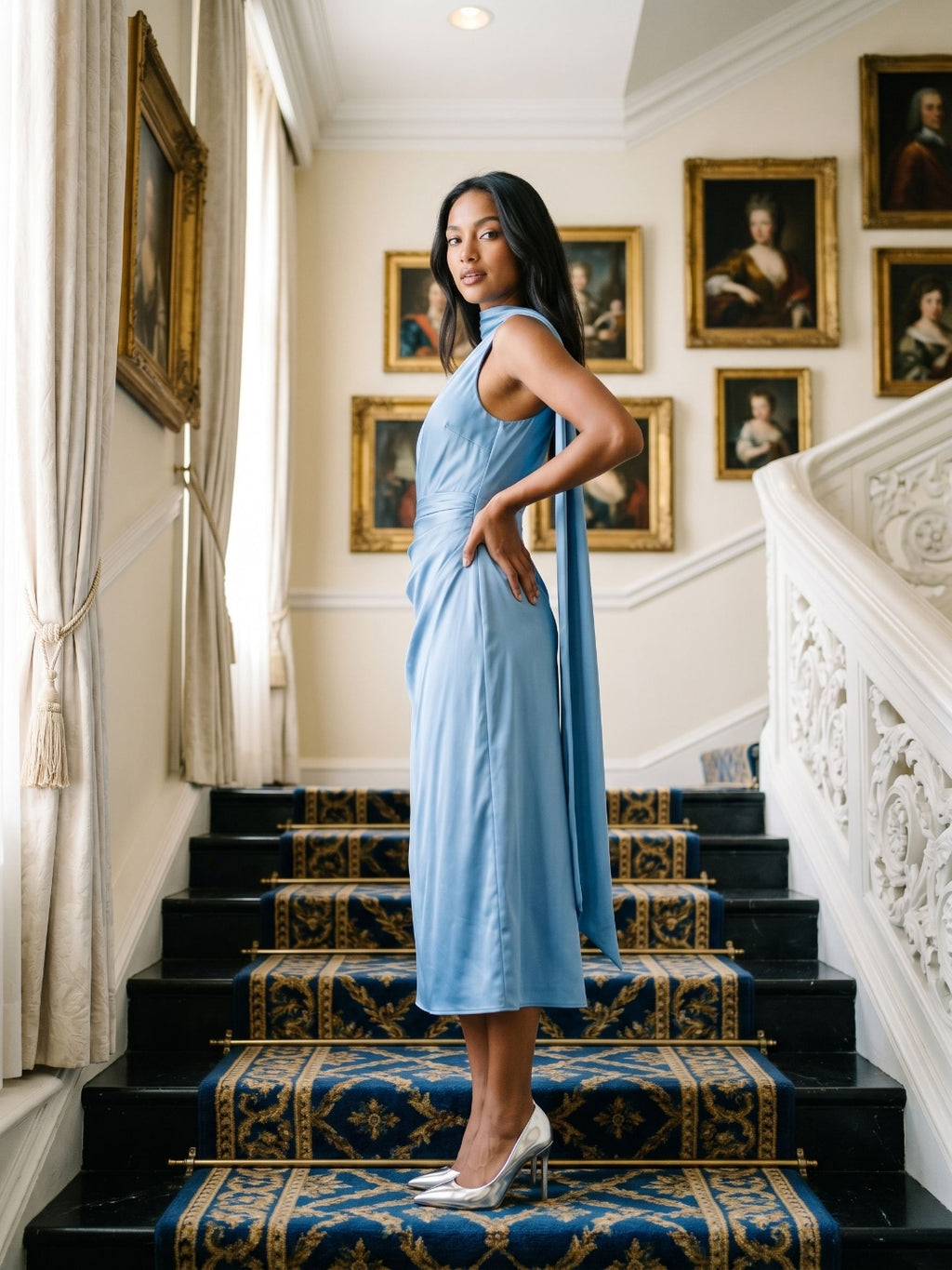 Steel Blue Satin Column One Shoulder Tea-Length Dress with Pleating