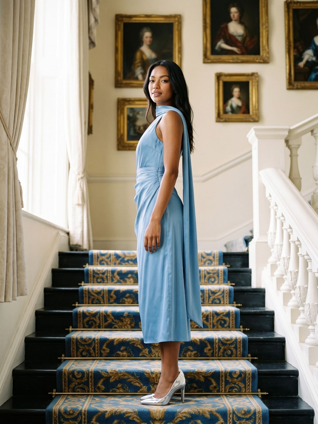 Steel Blue Satin Column One Shoulder Tea-Length Dress with Pleating