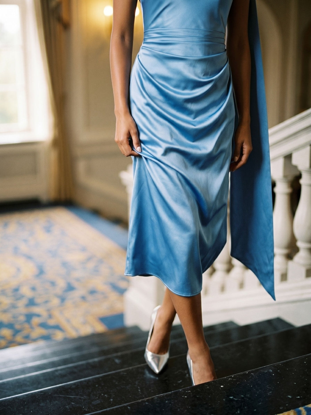 Steel Blue Satin Column One Shoulder Tea-Length Dress with Pleating