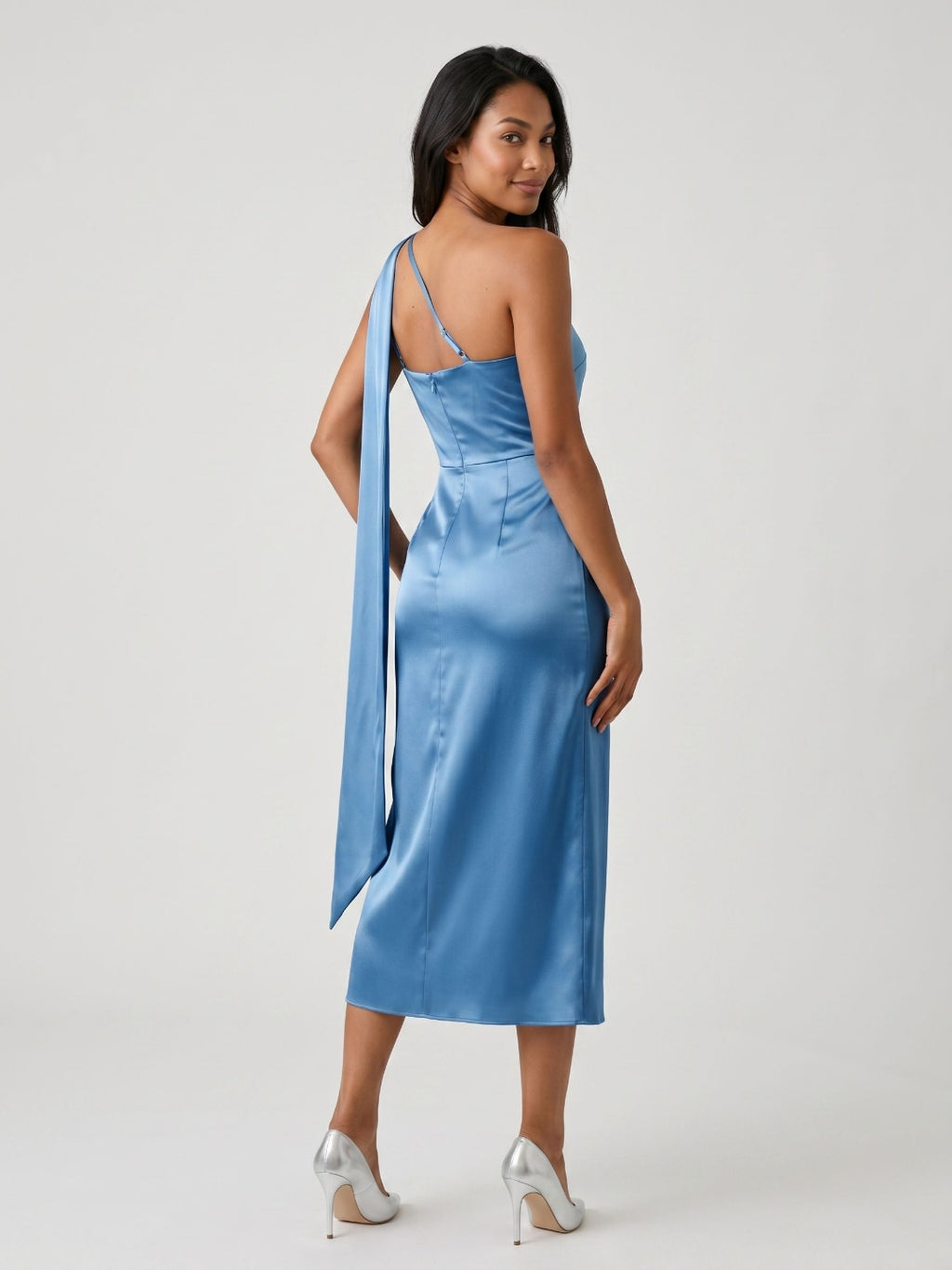 Steel Blue Satin Column One Shoulder Tea-Length Dress with Pleating