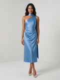 Steel Blue Satin Column One Shoulder Tea-Length Dress with Pleating
