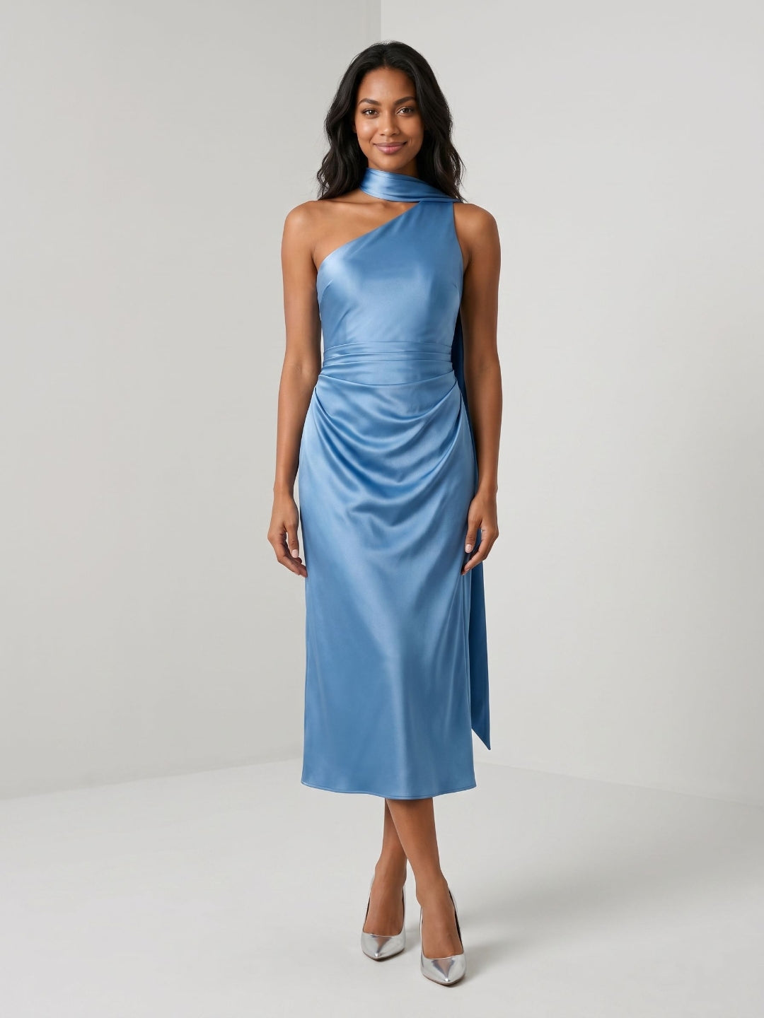 Steel Blue Satin Column One Shoulder Tea-Length Dress with Pleating