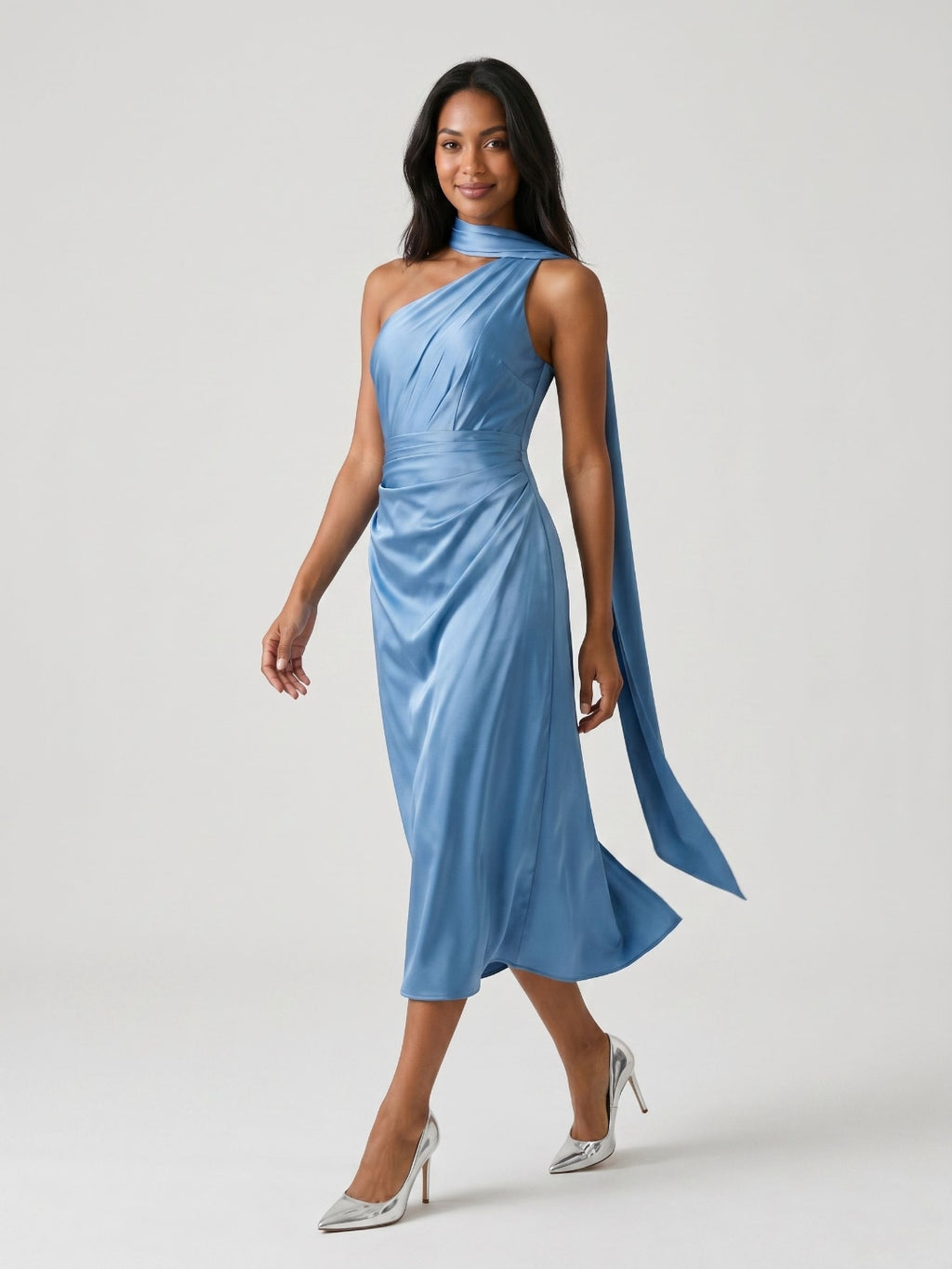 Steel Blue Satin Column One Shoulder Tea-Length Dress with Pleating