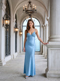 Steel Blue Satin Sheath V-Neck Backless Floor-Length Evening Gown with Bow