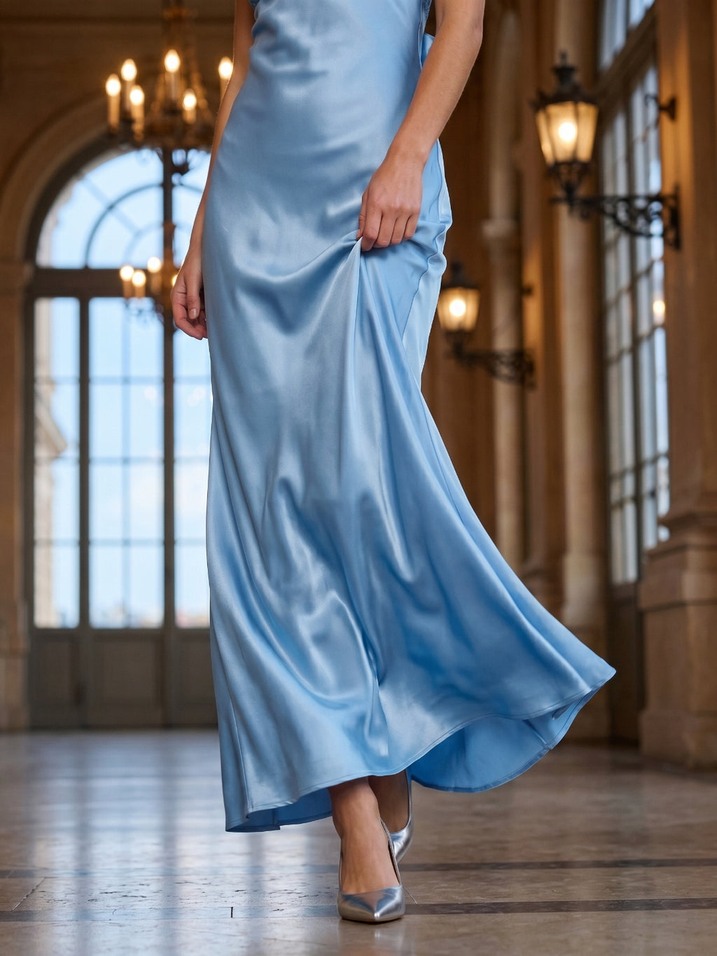 Steel Blue Satin Sheath V-Neck Backless Floor-Length Evening Gown with Bow