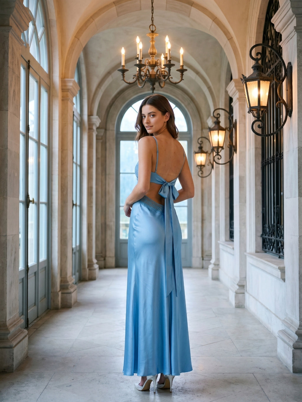 Steel Blue Satin Sheath V-Neck Backless Floor-Length Evening Gown with Bow