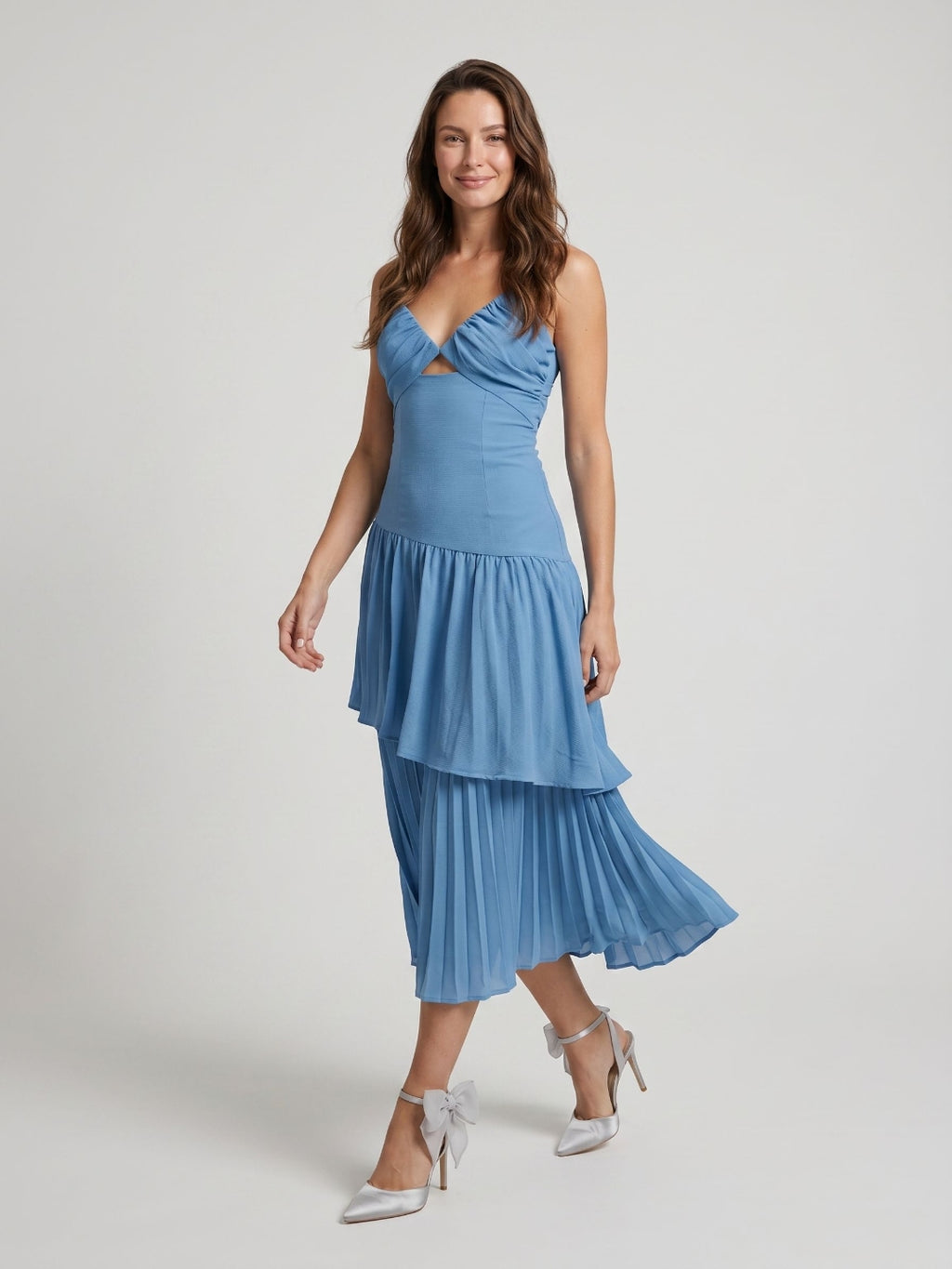 Steel Blue Stretch Knit Trumpet V-Neck Backless Tea-Length Evening Dress