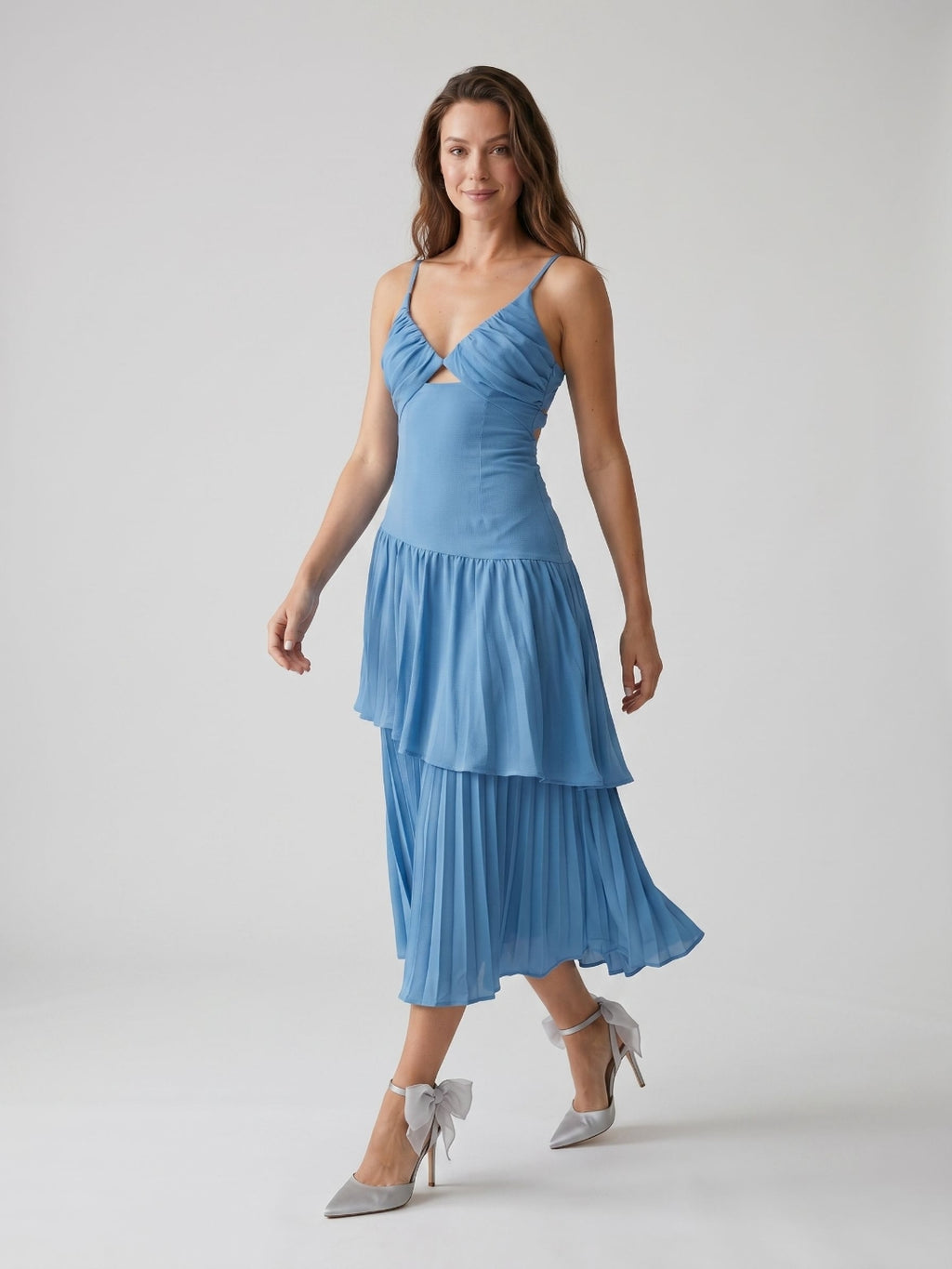 Steel Blue Stretch Knit Trumpet V-Neck Backless Tea-Length Evening Dress