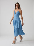 Steel Blue Stretch Knit Trumpet V-Neck Backless Tea-Length Evening Dress