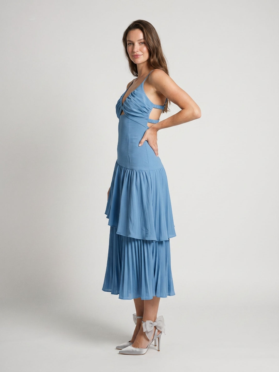 Steel Blue Stretch Knit Trumpet V-Neck Backless Tea-Length Evening Dress
