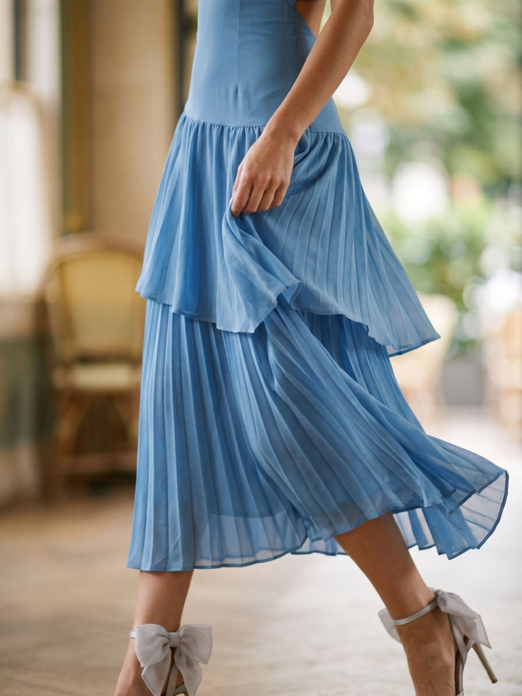 Steel Blue Stretch Knit Trumpet V-Neck Backless Tea-Length Evening Dress