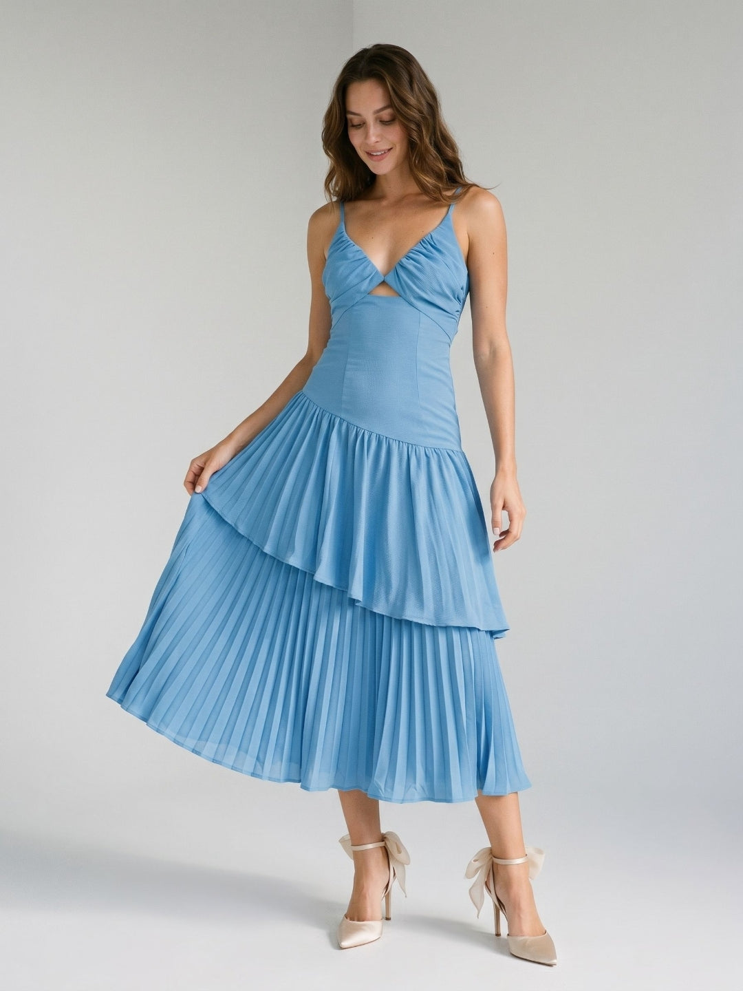 Steel Blue Stretch Knit Trumpet V-Neck Backless Tea-Length Evening Dress