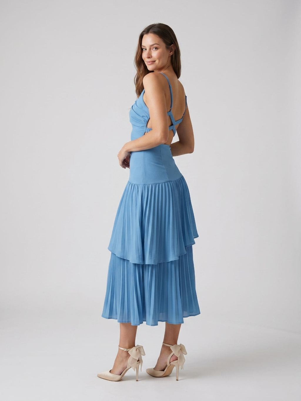 Steel Blue Stretch Knit Trumpet V-Neck Backless Tea-Length Evening Dress