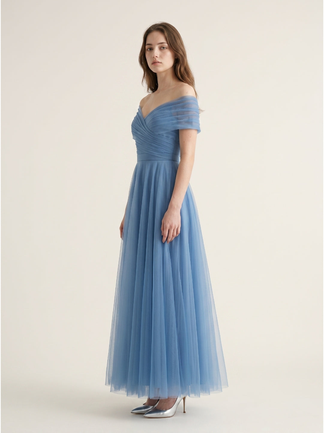 Steel Blue Tulle A-Line Off-the-Shoulder Backless Floor-Length Evening Dress with Pleats