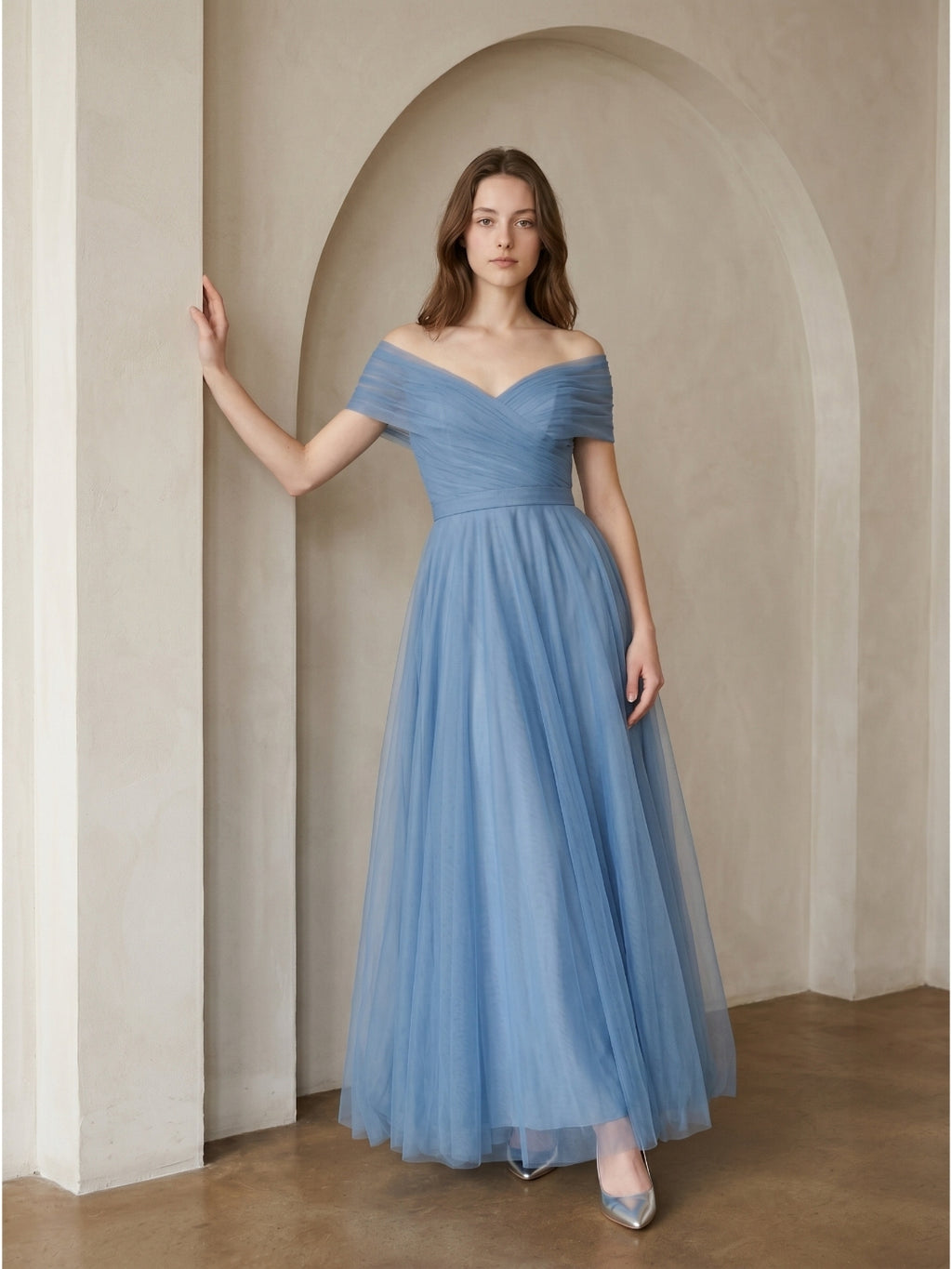 Steel Blue Tulle A-Line Off-the-Shoulder Backless Floor-Length Evening Dress with Pleats