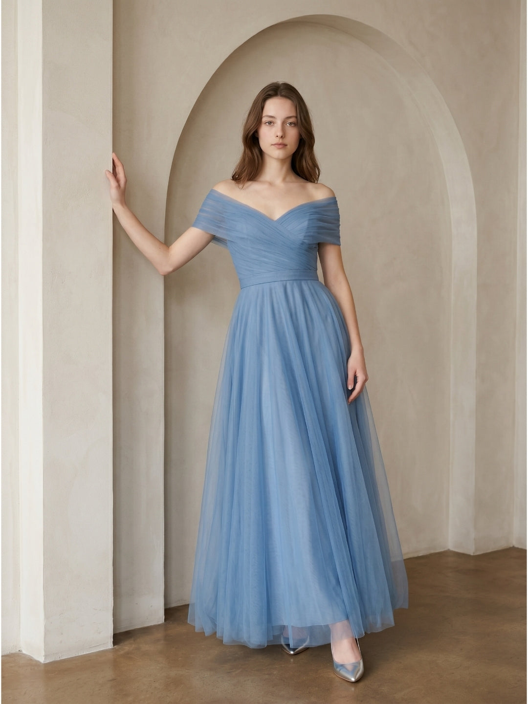 Steel Blue Tulle A-Line Off-the-Shoulder Backless Floor-Length Evening Dress with Pleats