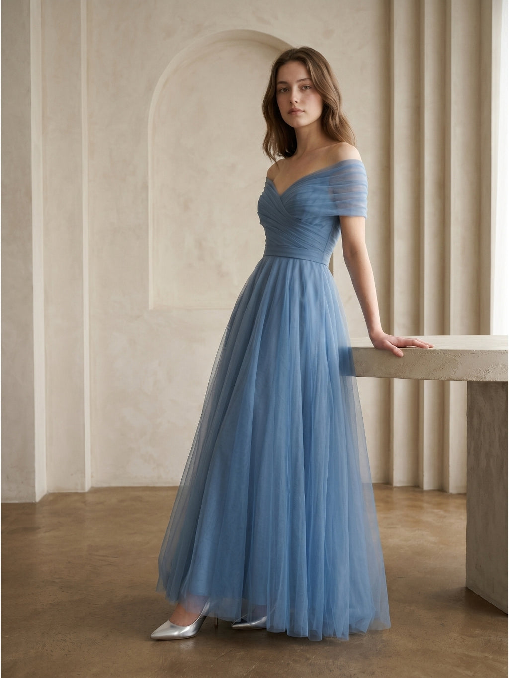 Steel Blue Tulle A-Line Off-the-Shoulder Backless Floor-Length Evening Dress with Pleats