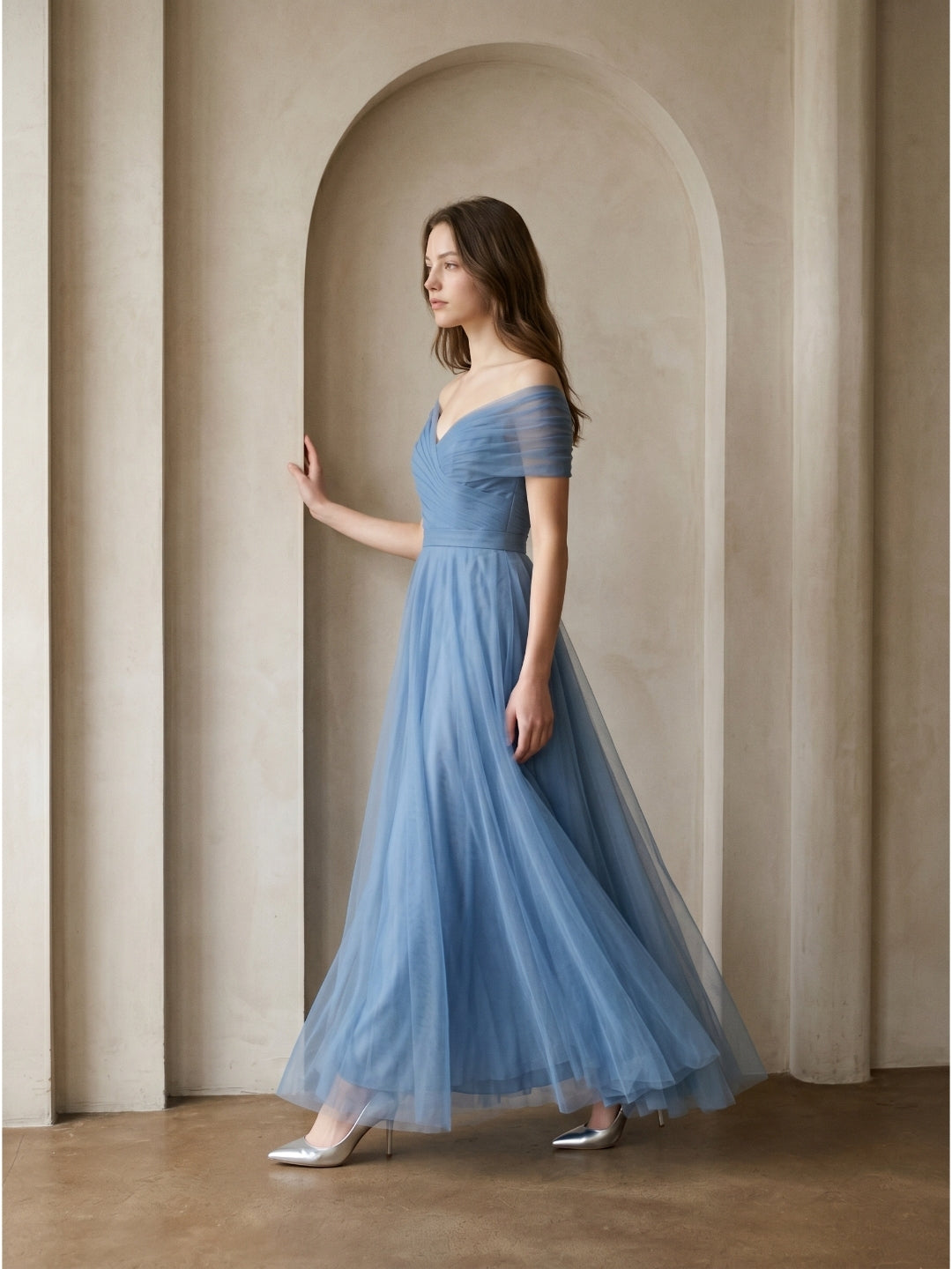 Steel Blue Tulle A-Line Off-the-Shoulder Backless Floor-Length Evening Dress with Pleats