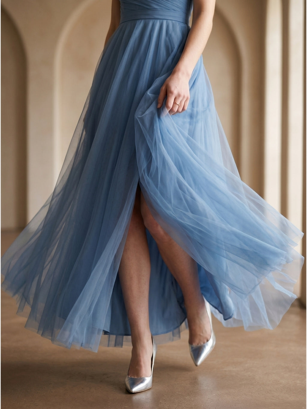 Steel Blue Tulle A-Line Off-the-Shoulder Backless Floor-Length Evening Dress with Pleats