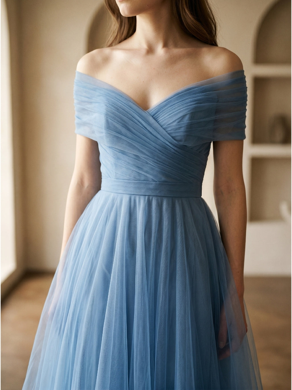 Steel Blue Tulle A-Line Off-the-Shoulder Backless Floor-Length Evening Dress with Pleats