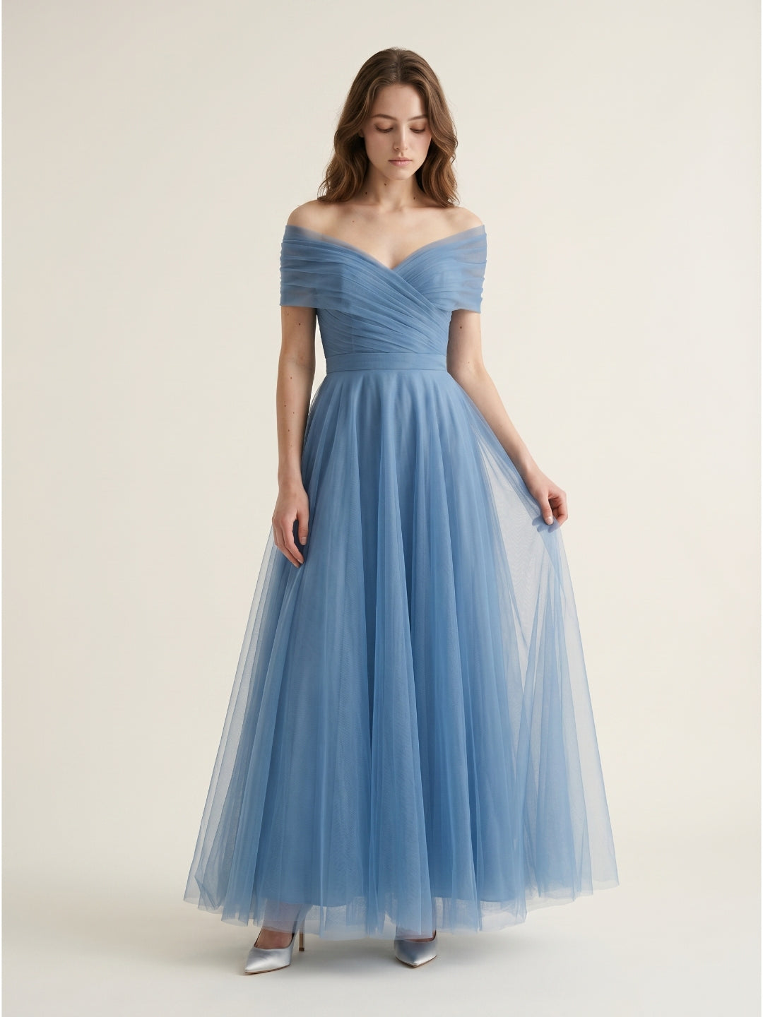 Steel Blue Tulle A-Line Off-the-Shoulder Backless Floor-Length Evening Dress with Pleats