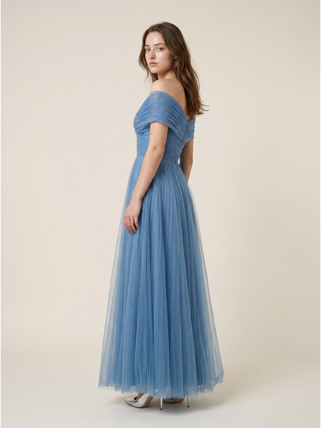 Steel Blue Tulle A-Line Off-the-Shoulder Backless Floor-Length Evening Dress with Pleats