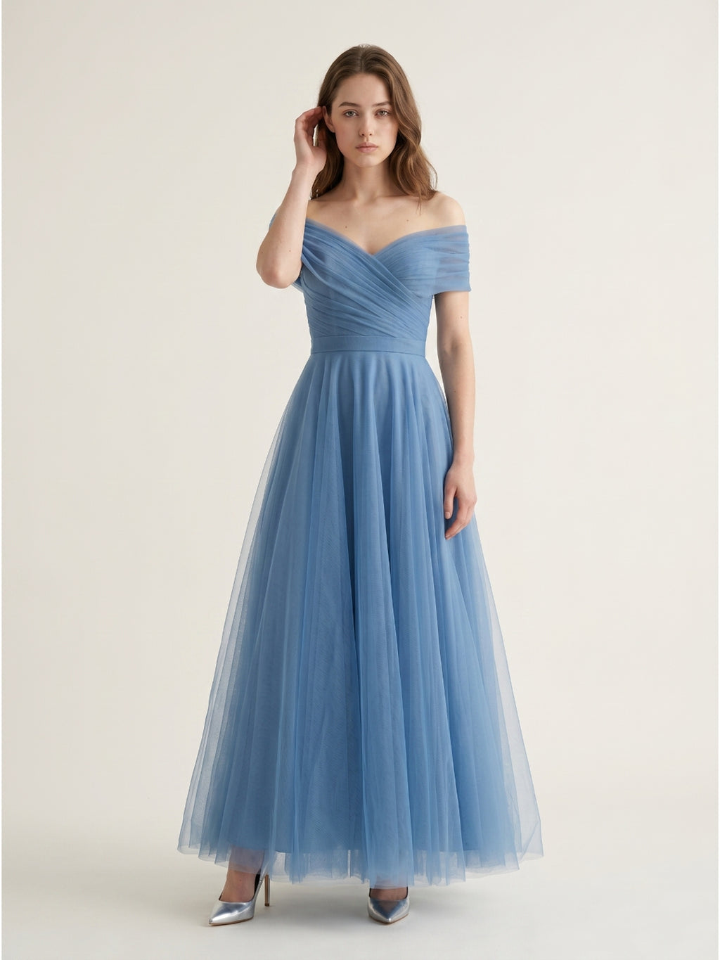 Steel Blue Tulle A-Line Off-the-Shoulder Backless Floor-Length Evening Dress with Pleats