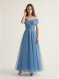 Steel Blue Tulle A-Line Off-the-Shoulder Backless Floor-Length Evening Dress with Pleats