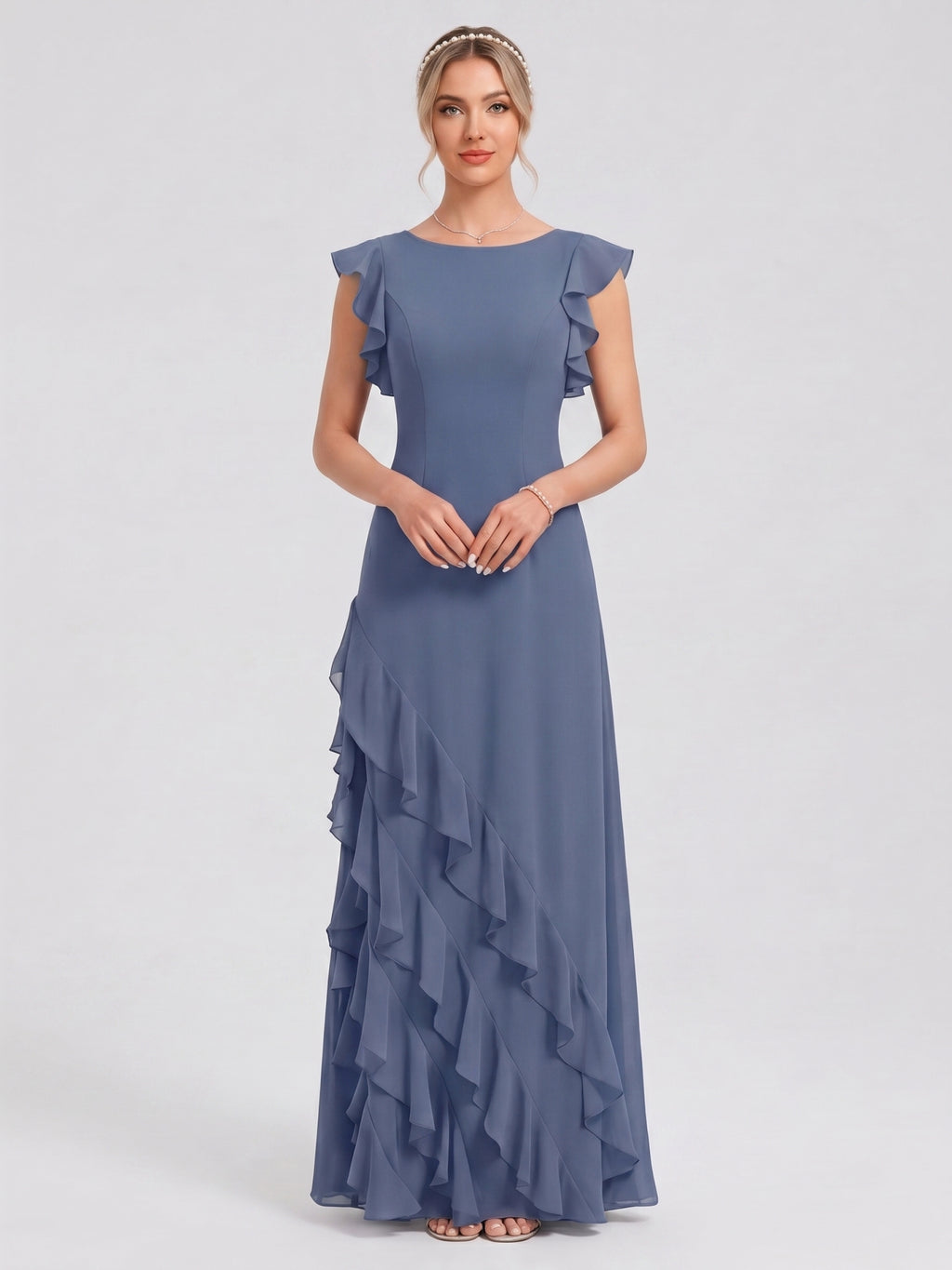 Elegant Stormy Chiffon A-Line Scoop Neck Back Zip Ruffle Ankle-Length Bridesmaid Dress