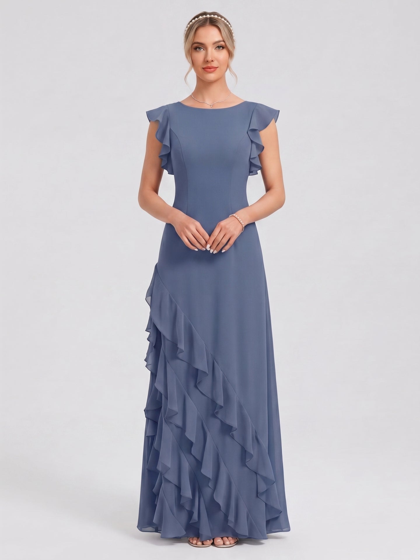 Elegant Stormy Chiffon A-Line Scoop Neck Back Zip Ruffle Ankle-Length Bridesmaid Dress