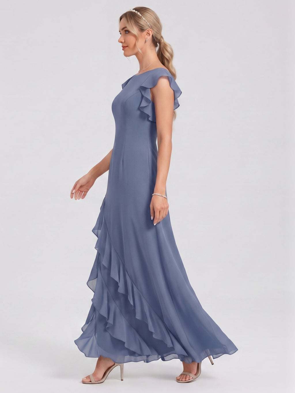Elegant Stormy Chiffon A-Line Scoop Neck Back Zip Ruffle Ankle-Length Bridesmaid Dress