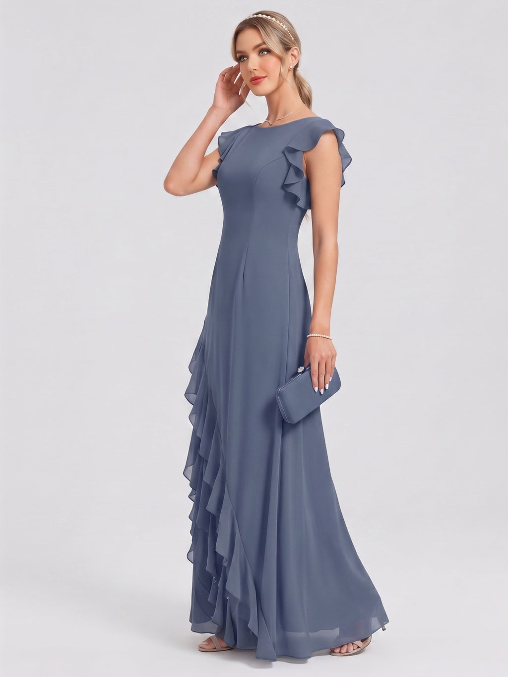 Elegant Stormy Chiffon A-Line Scoop Neck Back Zip Ruffle Ankle-Length Bridesmaid Dress
