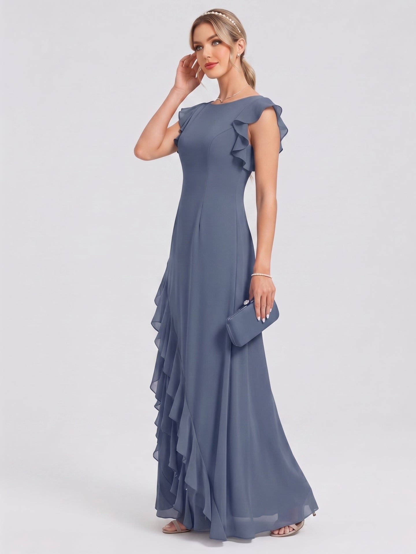 Elegant Stormy Chiffon A-Line Scoop Neck Back Zip Ruffle Ankle-Length Bridesmaid Dress