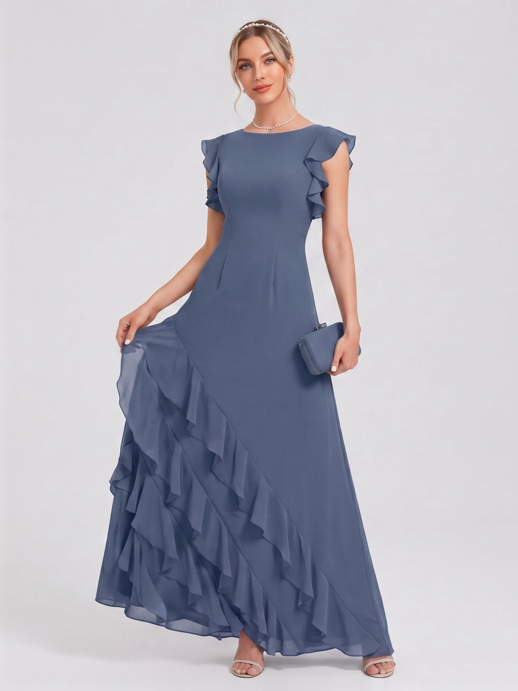 Elegant Stormy Chiffon A-Line Scoop Neck Back Zip Ruffle Ankle-Length Bridesmaid Dress