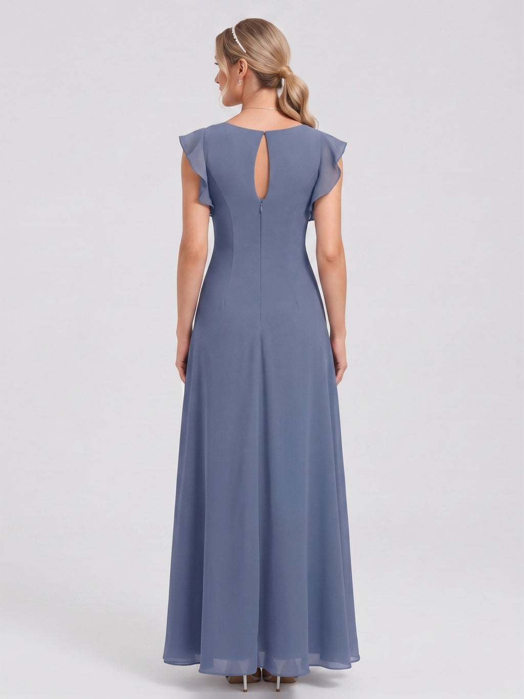 Elegant Stormy Chiffon A-Line Scoop Neck Back Zip Ruffle Ankle-Length Bridesmaid Dress