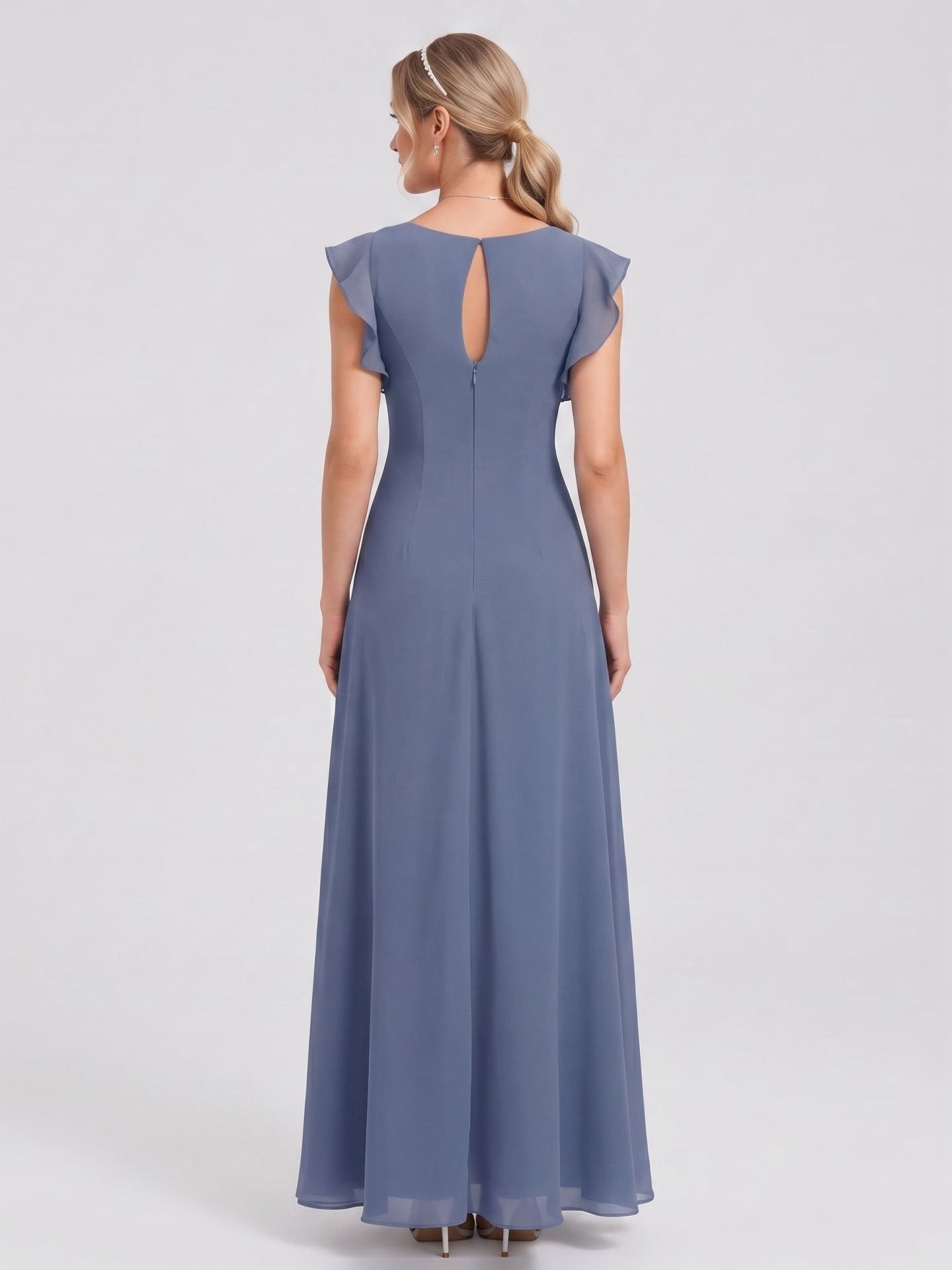 Elegant Stormy Chiffon A-Line Scoop Neck Back Zip Ruffle Ankle-Length Bridesmaid Dress