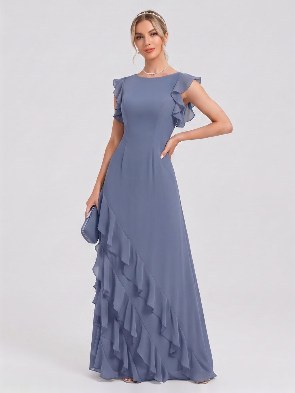 Elegant Stormy Chiffon A-Line Scoop Neck Back Zip Ruffle Ankle-Length Bridesmaid Dress