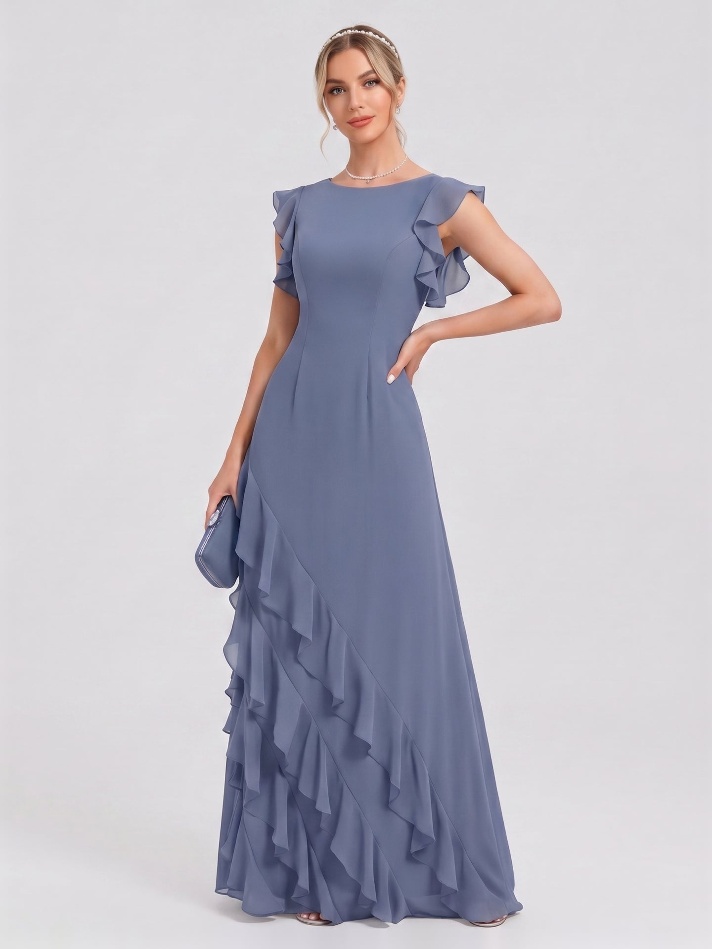 Elegant Stormy Chiffon A-Line Scoop Neck Back Zip Ruffle Ankle-Length Bridesmaid Dress