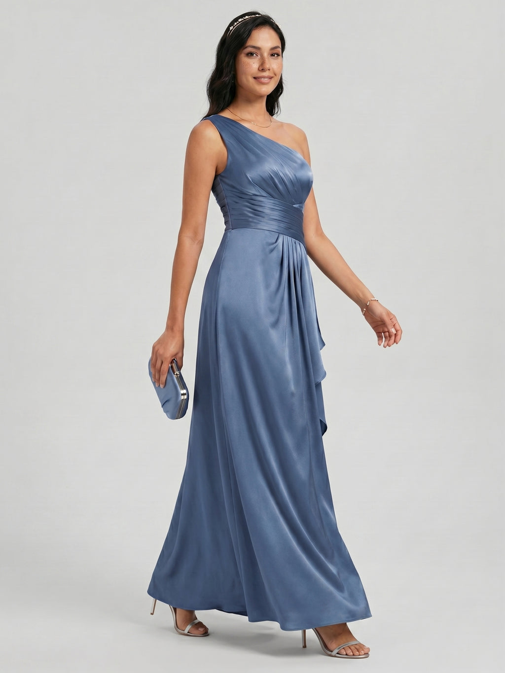 Elegant Stormy Satin A-Line One Shoulder Back Zip Ankle-Length Bridesmaid Dress