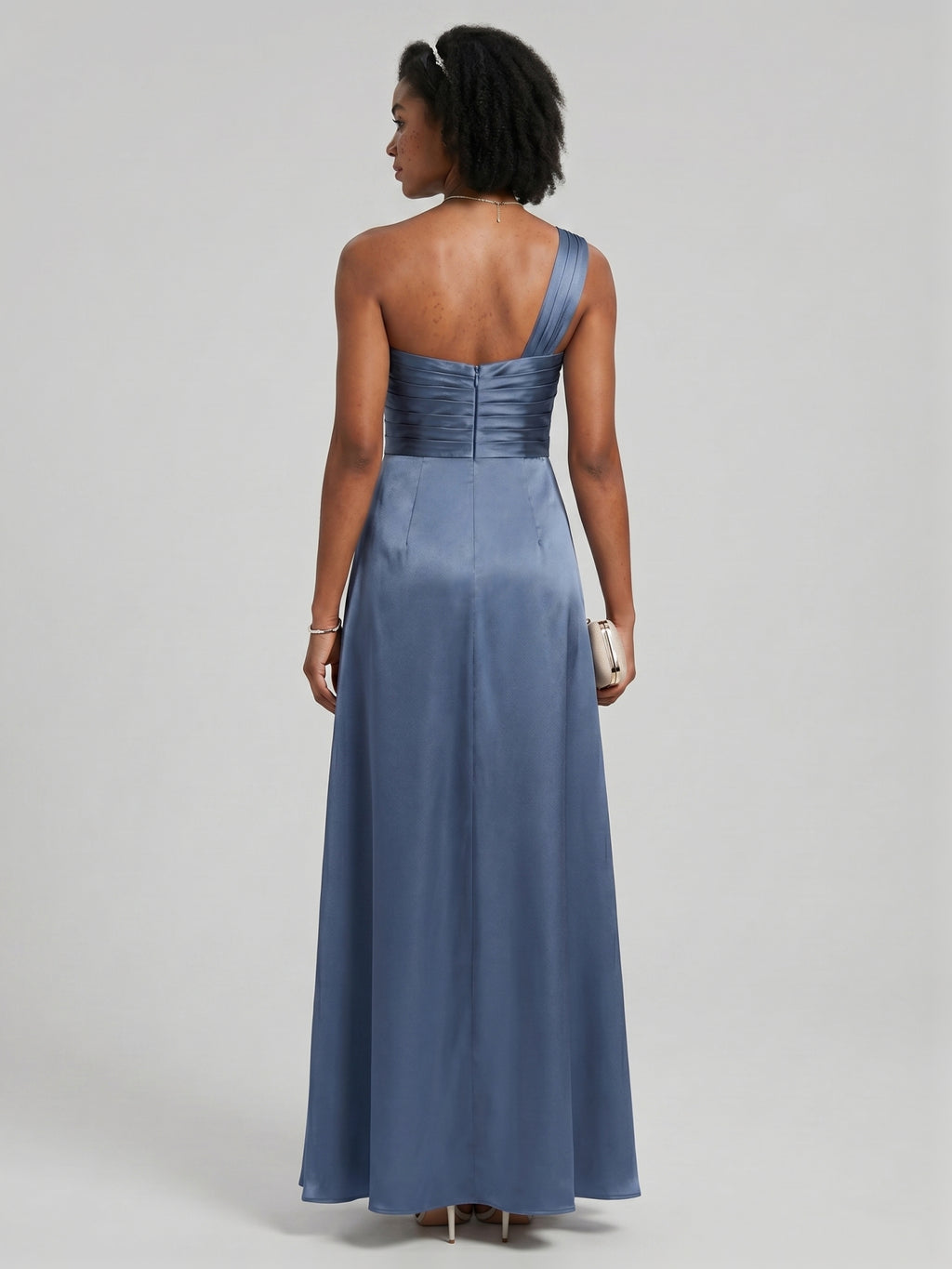 Elegant Stormy Satin A-Line One Shoulder Back Zip Ankle-Length Bridesmaid Dress