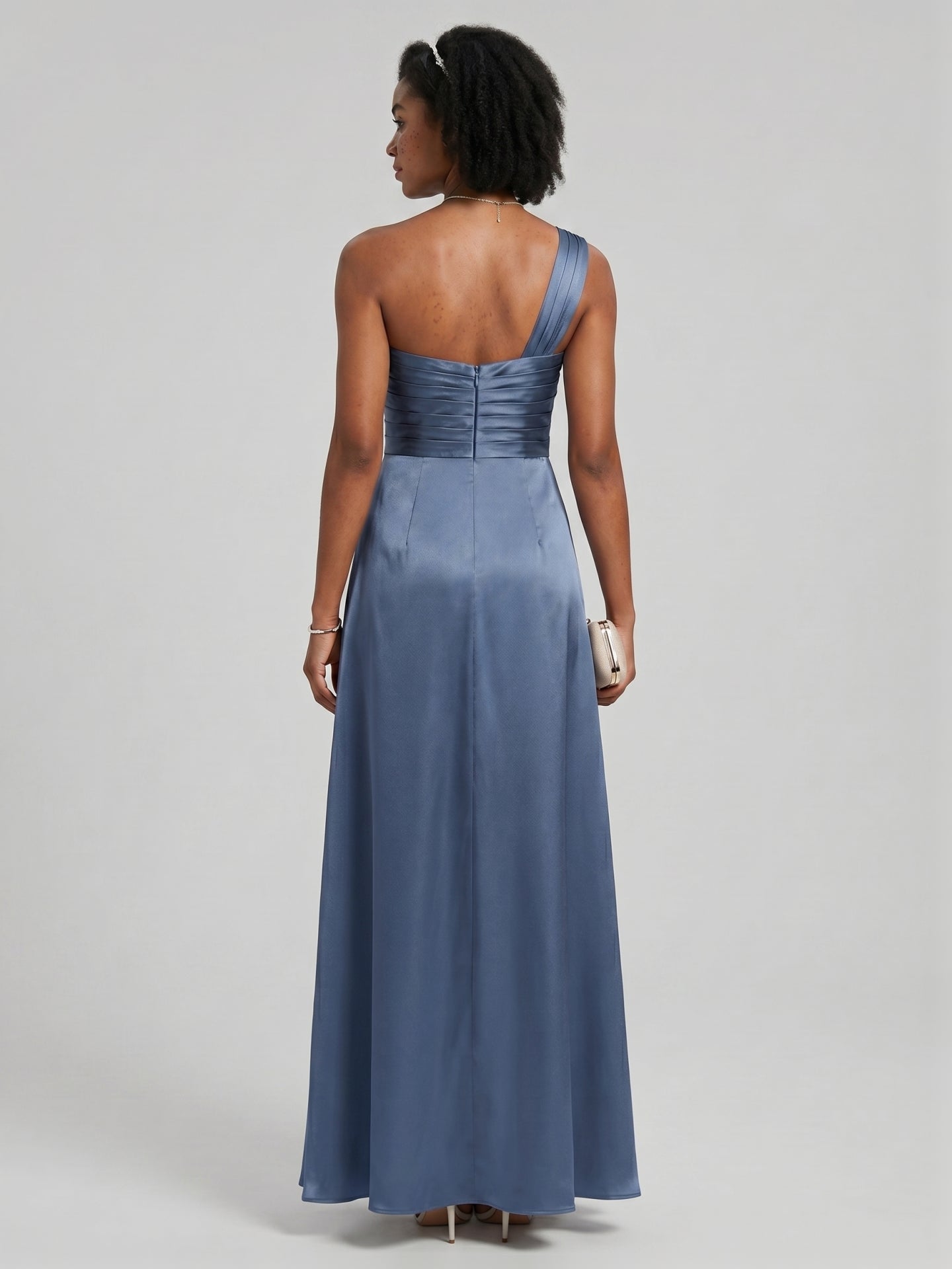 Elegant Stormy Satin A-Line One Shoulder Back Zip Ankle-Length Bridesmaid Dress