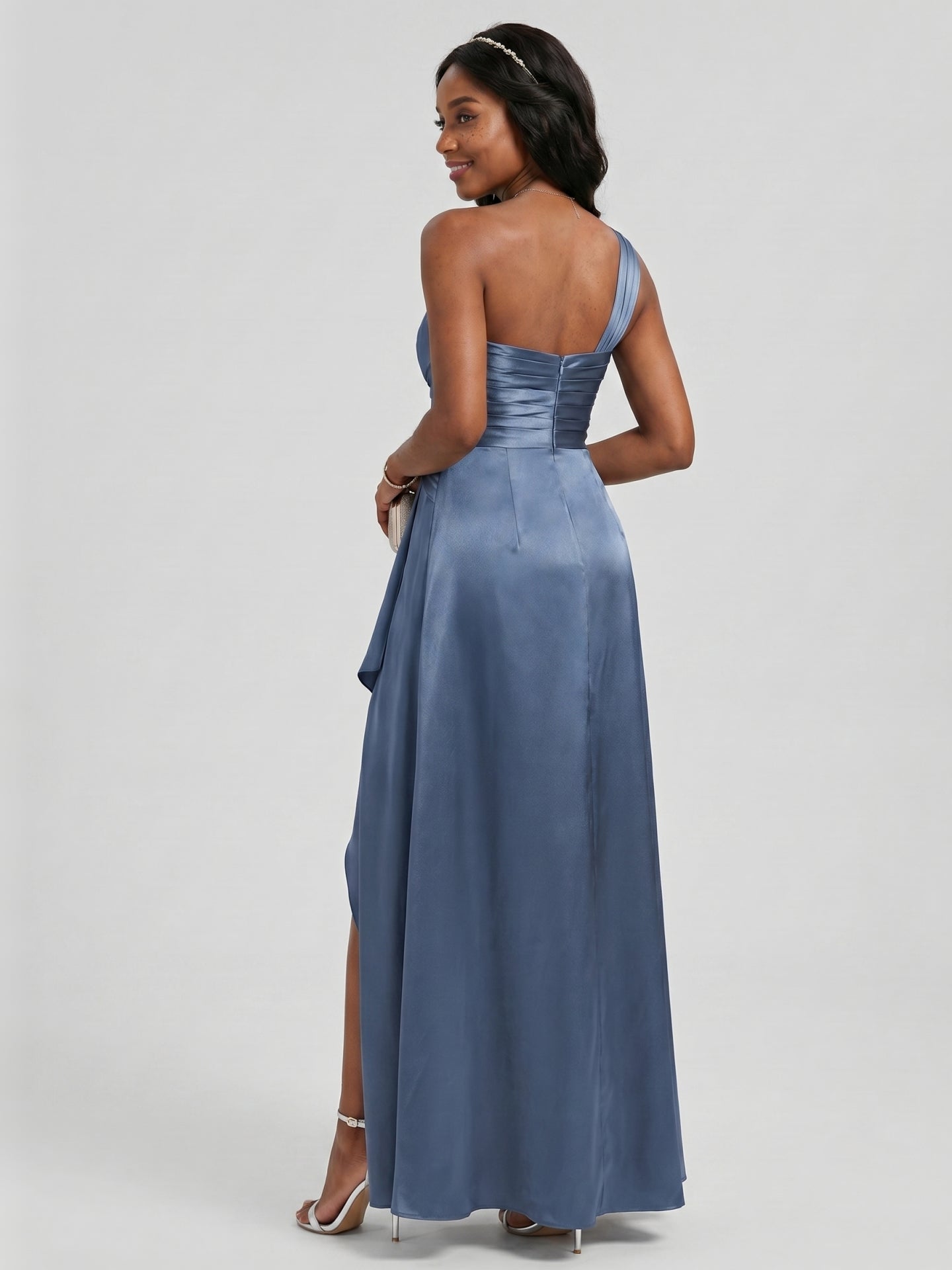 Elegant Stormy Satin A-Line One Shoulder Back Zip Ankle-Length Bridesmaid Dress