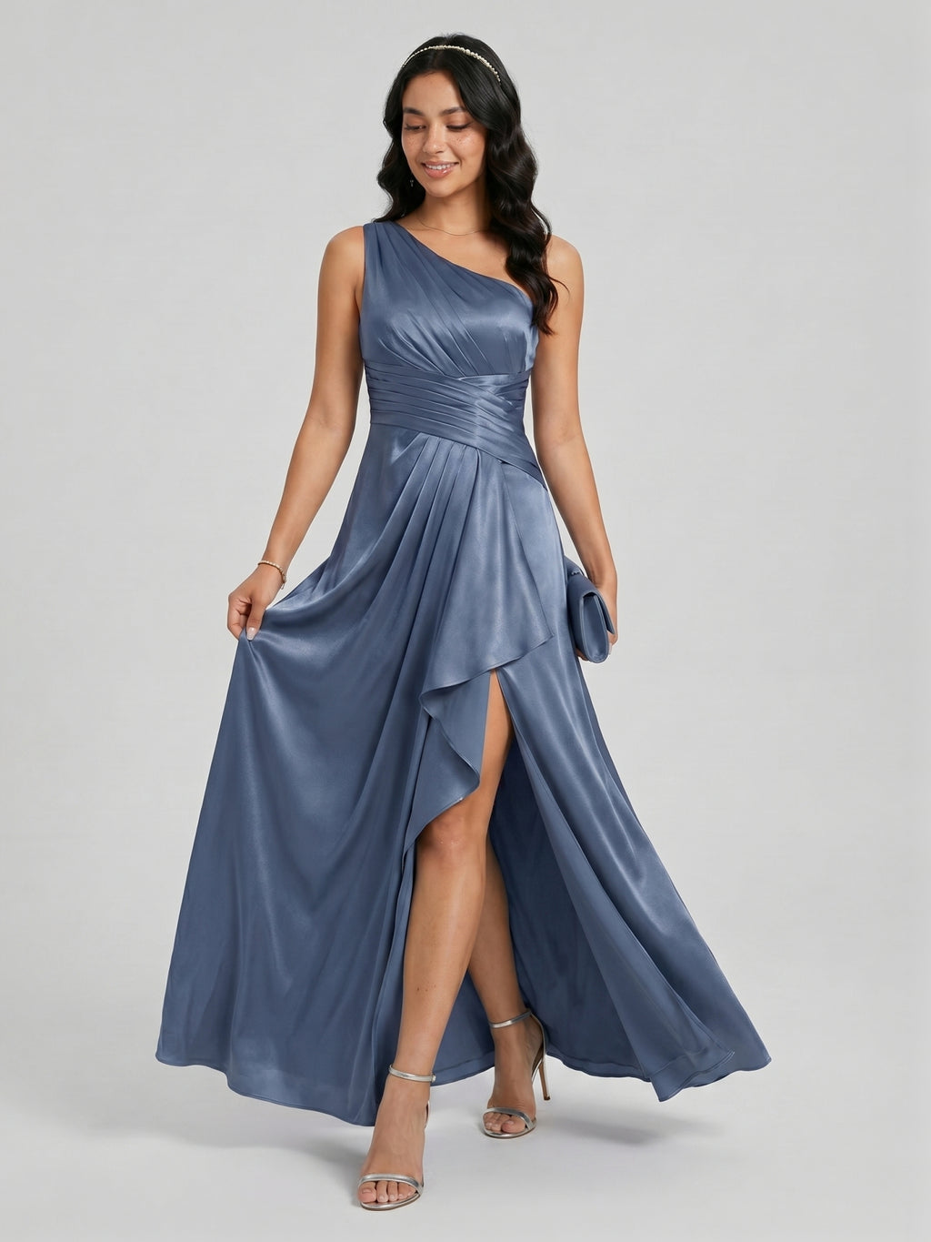 Elegant Stormy Satin A-Line One Shoulder Back Zip Ankle-Length Bridesmaid Dress