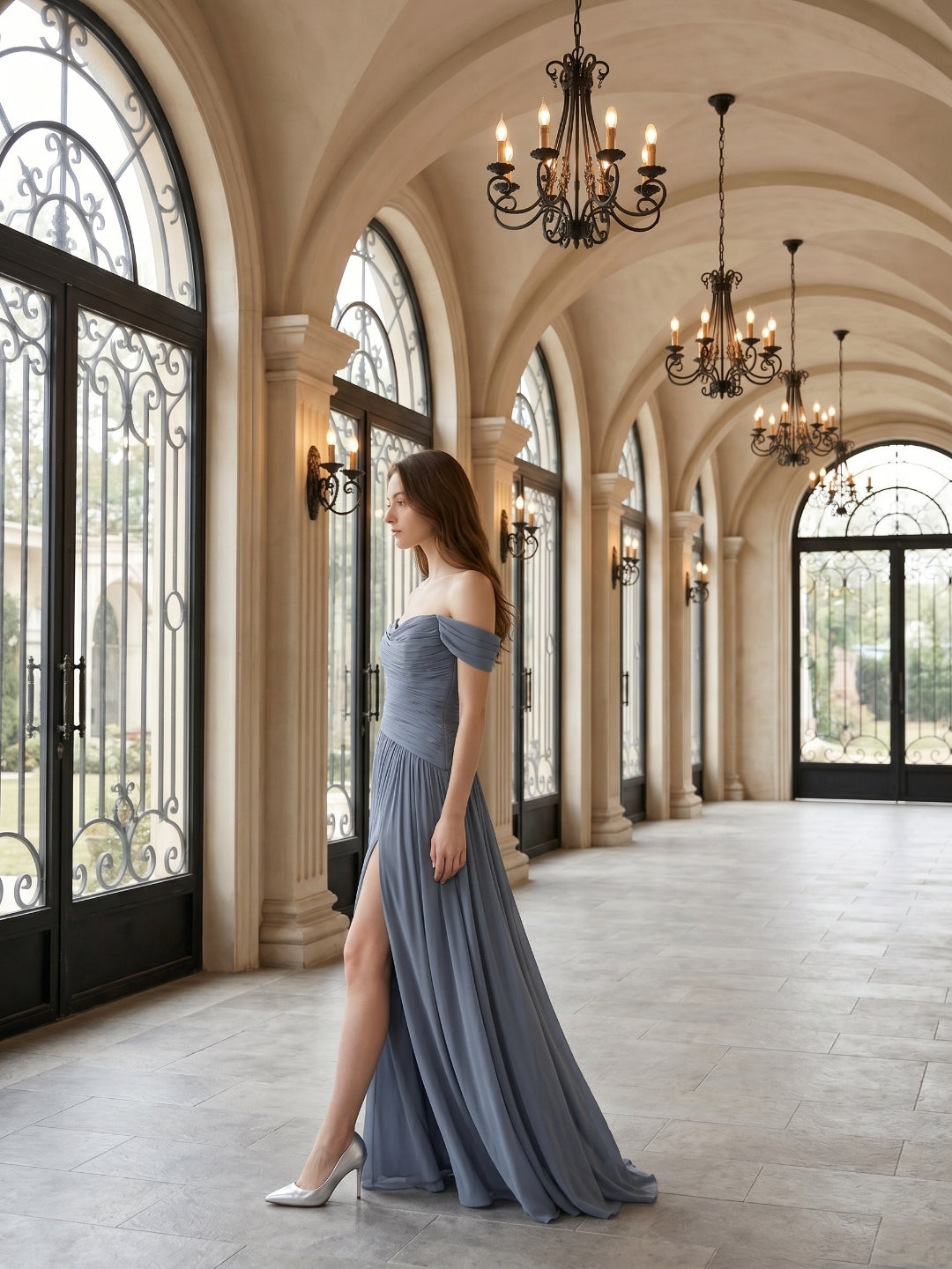 Stormy Chiffon A-Line Off-The-Shouler Back Zip Floor-Length Bridesmaid Dress with Pleats