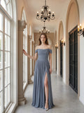 Stormy Chiffon A-Line Off-The-Shouler Back Zip Floor-Length Bridesmaid Dress with Pleats