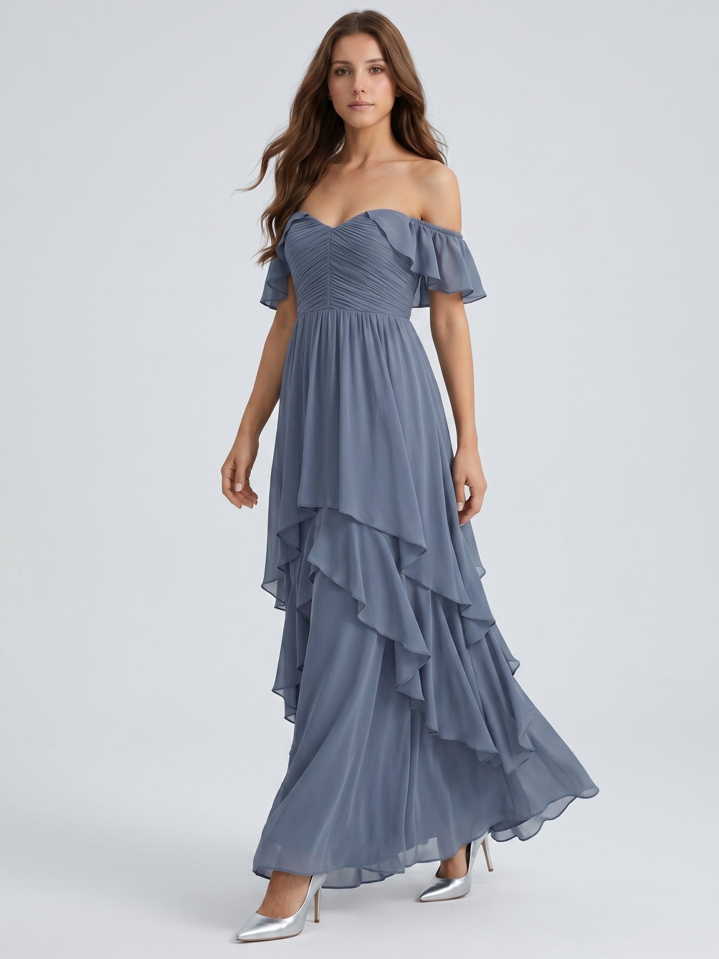 Stormy Chiffon A-Line Off-the-Shoulder Back Zip Floor-Length Bridesmaid Dress with Cascading Ruffles