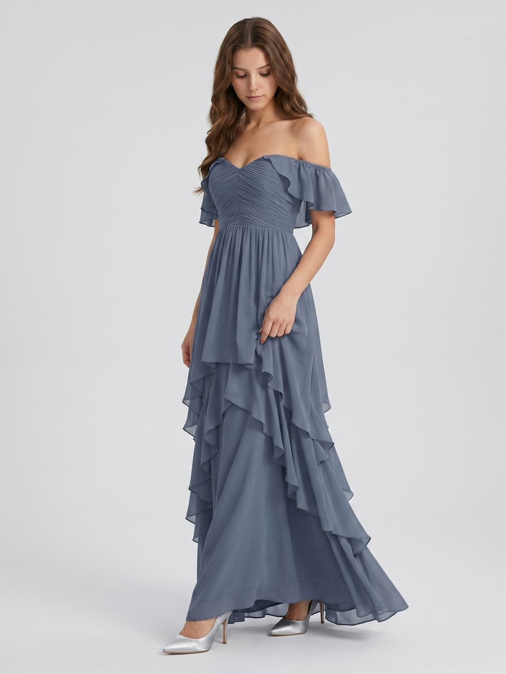 Stormy Chiffon A-Line Off-the-Shoulder Back Zip Floor-Length Bridesmaid Dress with Cascading Ruffles