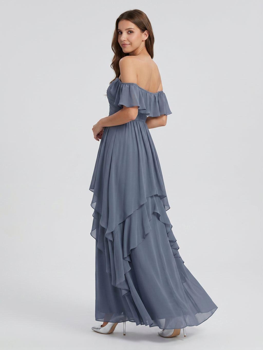 Stormy Chiffon A-Line Off-the-Shoulder Back Zip Floor-Length Bridesmaid Dress with Cascading Ruffles