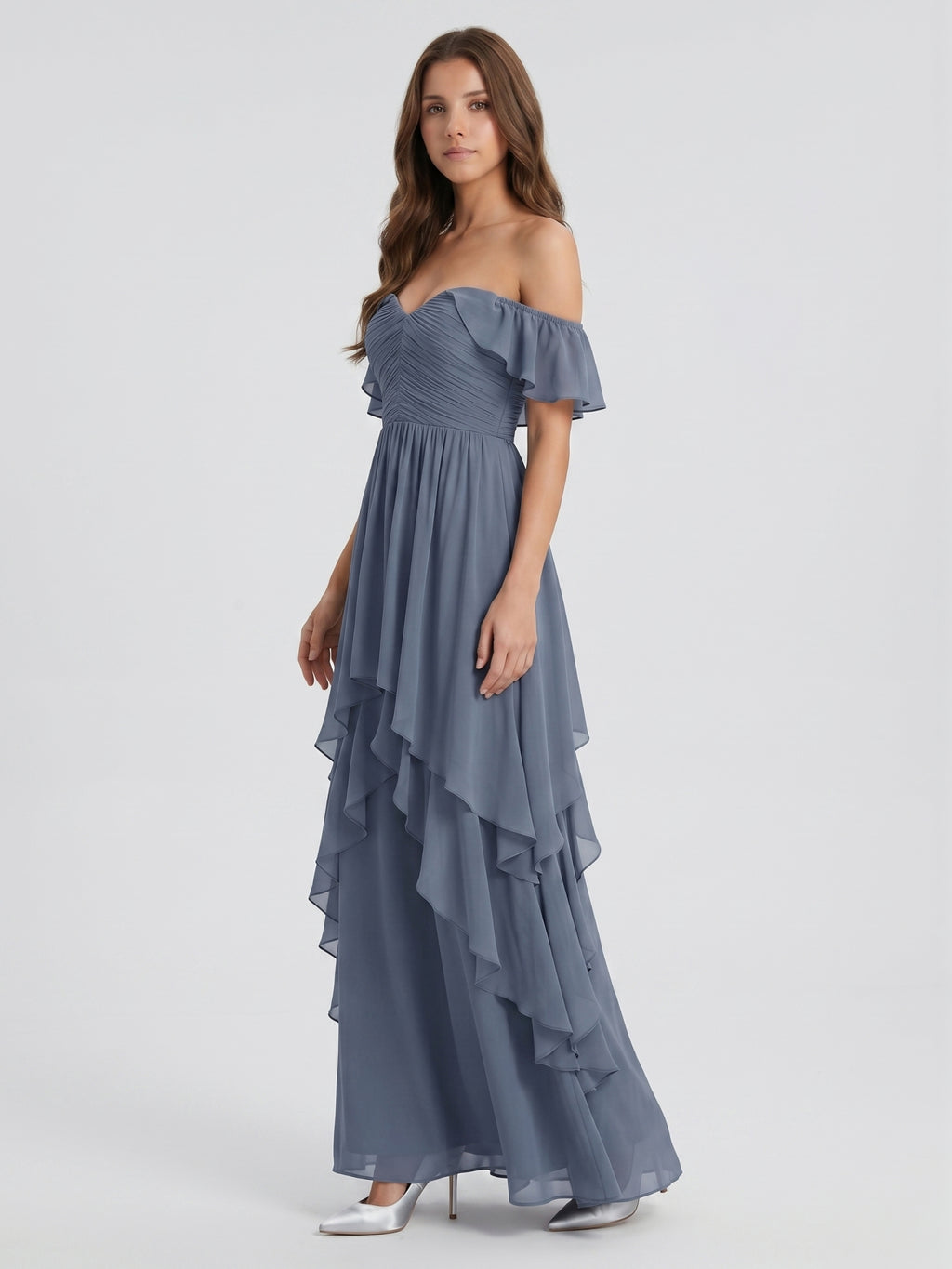 Stormy Chiffon A-Line Off-the-Shoulder Back Zip Floor-Length Bridesmaid Dress with Cascading Ruffles