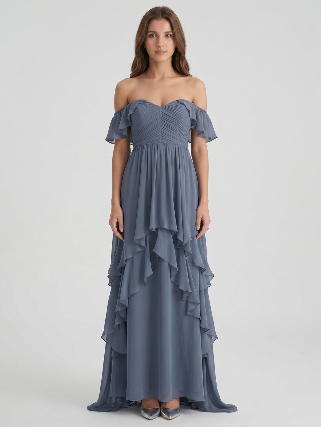 Stormy Chiffon A-Line Off-the-Shoulder Back Zip Floor-Length Bridesmaid Dress with Cascading Ruffles
